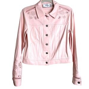 Per Se By Carlisle Womens 2/4 Pink Denim Cutout Western Pant Jean Jacket Set NEW